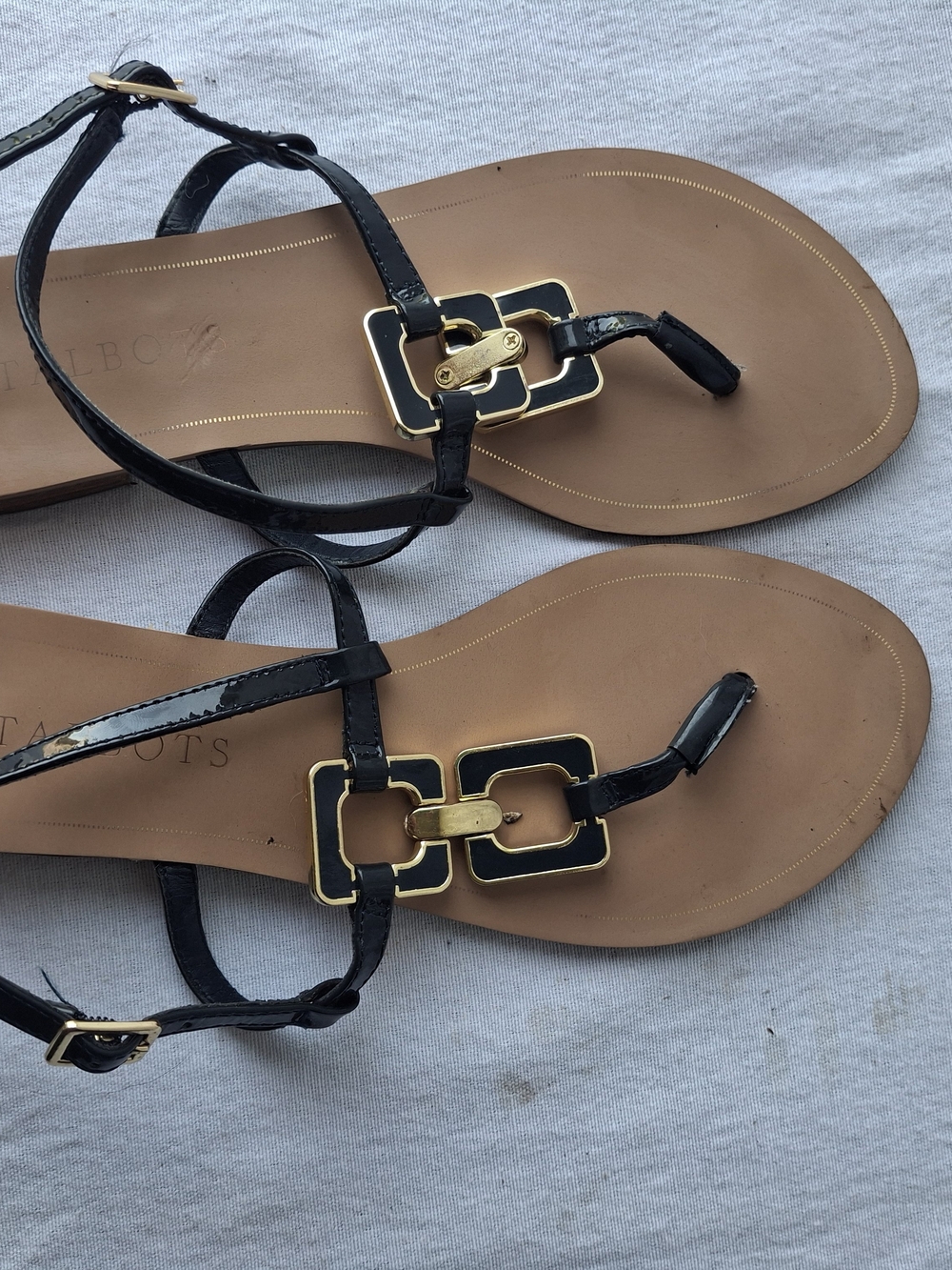 Talbots Black Patent Leather T-Strap Sandals with Gold Accents